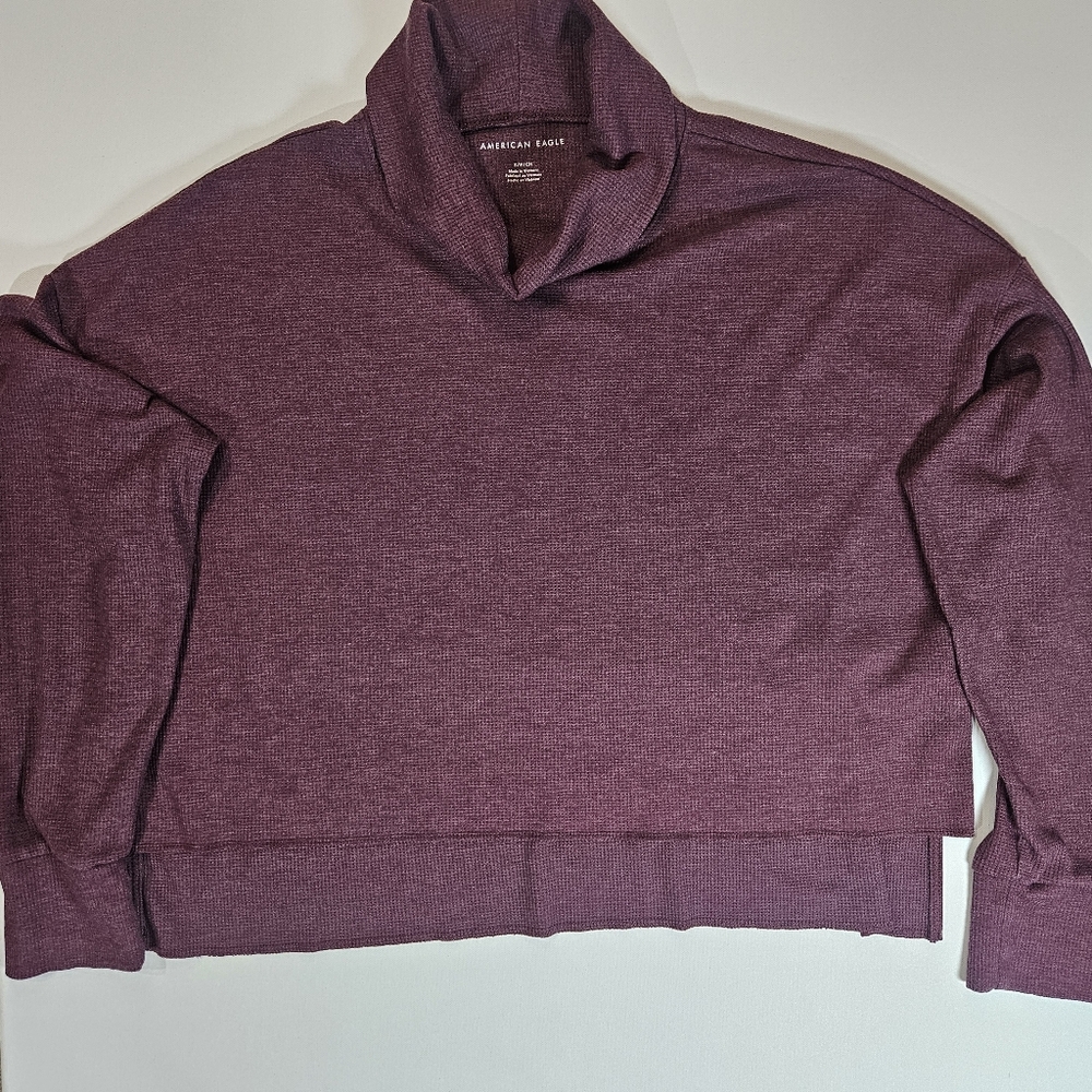 American Eagle Crop Sweater Womens Small Purple Cowl Neck Thermal Waffle Knit